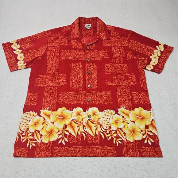 Kennington Ltd. Hawaiian Shirt Large Red Yellow Aloha Flower Tribal - Picture 1 of 5